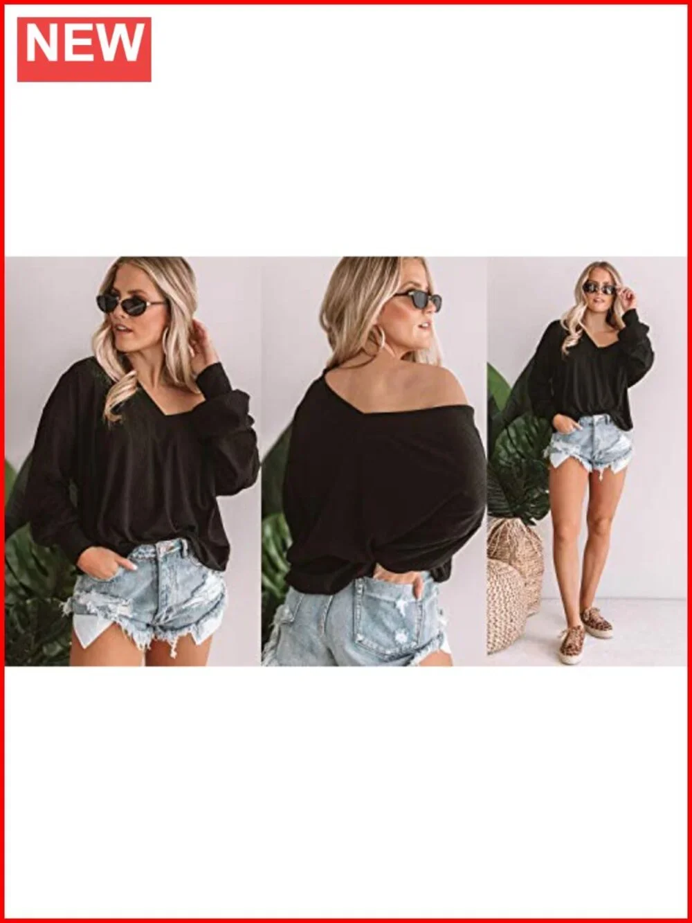 Waffle Knit Off Shoulder V Neck Long Sleeve Pullover Sweater